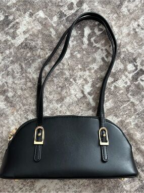 Classic Black Leatherette Shoulder Bag with Gold Hardware